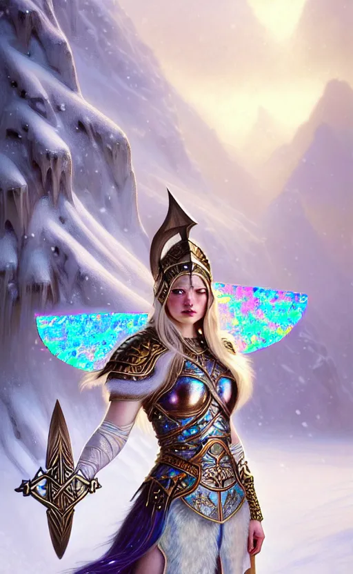 Image similar to iridescent opal viking warrior, regal, elegant, winter, snow, beautiful, stunning, hd, illustration, epic, d & d, fantasy, intricate, elegant, highly detailed, wide angle, digital painting, artstation, concept art, smooth, sharp focus, illustration, wallpaper, art by artgerm and greg rutkowski and alphonse mucha and jin xiaodi