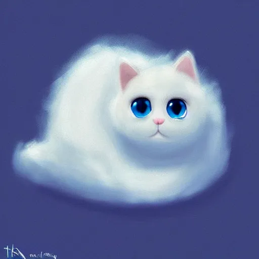 Prompt: cute kitty as a cloud, fluffy, white fur, blue eyes, pixar, concept art, digital art, painting