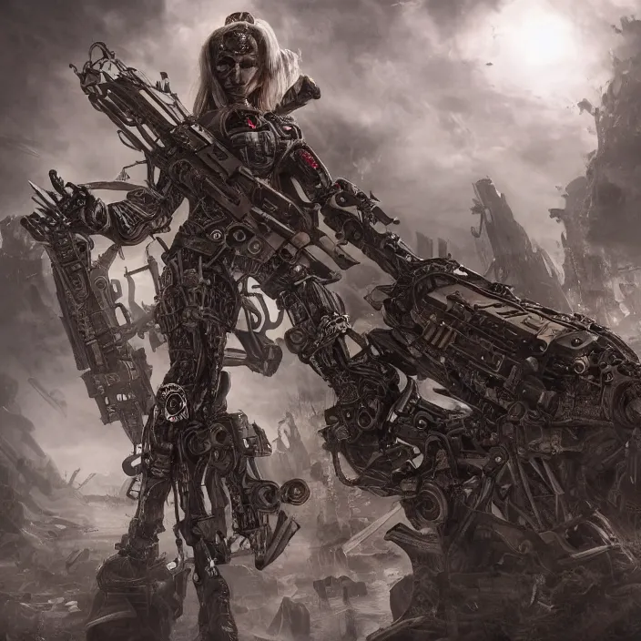 Prompt: apocalyptic woman attached to machine weaponry, hyper - detailed, smooth, sharp focus, 4 k ultra hd, fantasy dark art, apocalyptic art