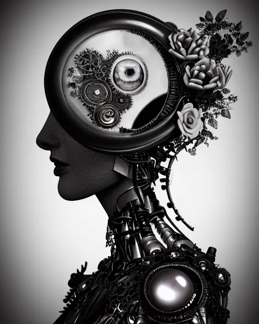 Image similar to black and white dreamy foggy smoky profile face portrait, one silver steampunk eye biomechanical beautiful young female cyclope - cyborg - robot bust, body ribs meshes,, volumetric light, hibiscus flowers, by hg giger, rim light, by dora maar and cecile beaton, big gothic fashion pearl embroidered collar, 8 k