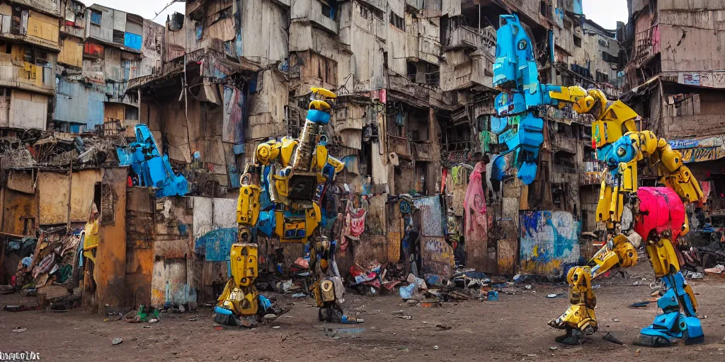 Prompt: colourful - damaged - giant mecha ROBOT of AJEGUNLE SLUMS of Lagos, markings on robot, Golden Hour,
