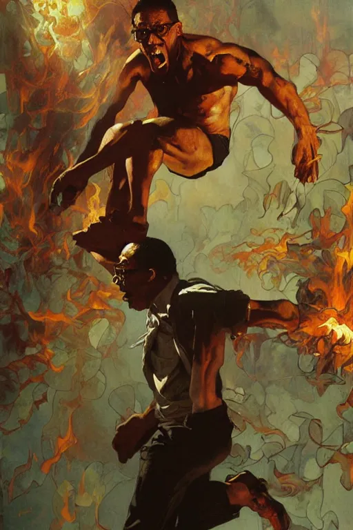 Prompt: gus fring screaming, explosion, exploding, flames, motion lines, action lines, painting by'phil hale '!!! gaston bussiere, craig mullins, greg rutkowski, alphonse mucha,