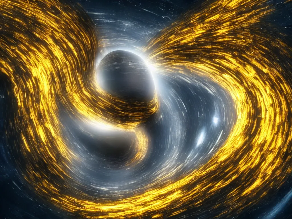 Image similar to black hole absorbs an ocean of fluid gold, interstellar, 8 k, hyperdetailed, 3 d animation, realism, big depth of field