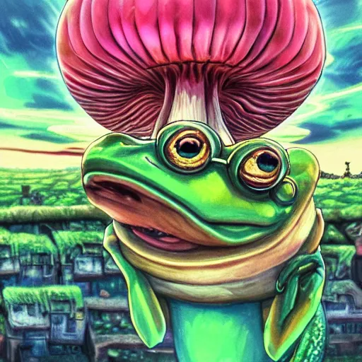 Image similar to A close up portrait of a dignified psychedelic godlike anthropomorphic frog smoking an anime blunt , magic mushroom village in background . award winning. superb resolution. in the art style of junji Ito and greg rutkowski . Detailed Mushroom city in background. Hyper realistic anime. Perfect art. Dalle2