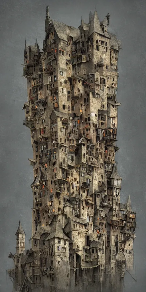 Image similar to an infinite amount of medieval houses stacked on each other, creating a thin monolith, concept art, very very very very tall, trending on deviantart, movie still, award wining photograph