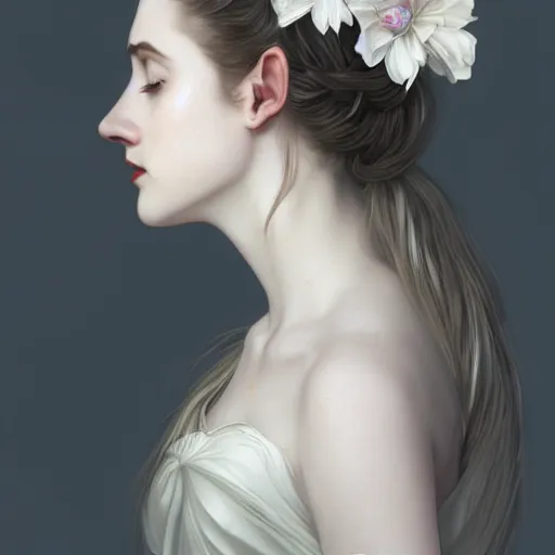 Prompt: side portrait of very beautiful vampire, white flower crown, hair over face, headshot, neck up, looking up, hyper realistic, pale skin, white iridescenthair finish, white dress,4k, rule of thirds, extreme detail, detailed drawing, trending artstation, hd, fantasy, D&D, realistic lighting, by Alphonse Mucha, Greg Rutkowski, sharp focus, backlit, elegant