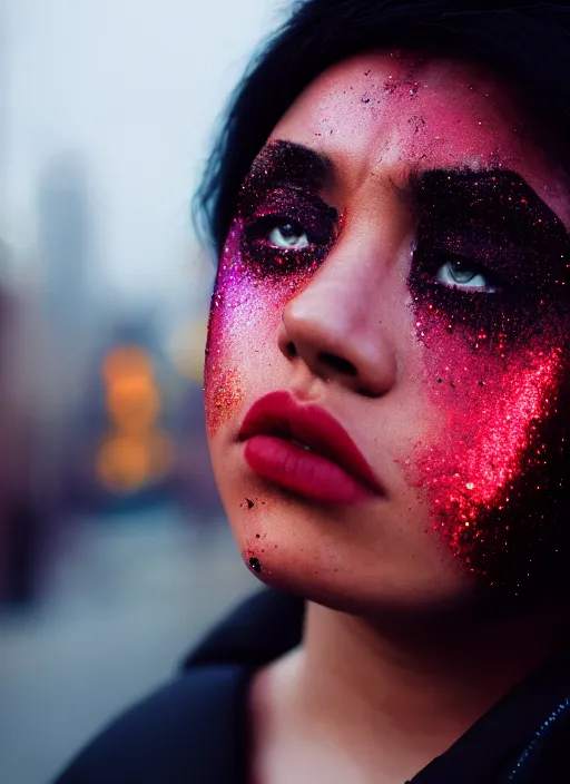 Prompt: Cinestill 50d candid photography of a city on fire, a techwear mixed woman wearing thick mascara and dark glitter makeup crying outside of a city on fire, tattoos, tilted frame, 4k, 8k, hd, full color