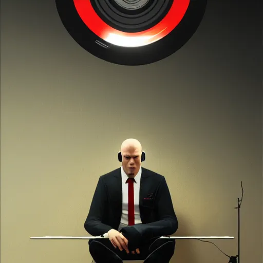 Prompt: a portrait of agent 4 7 from hitman wearing headphones, sitting in a room full of vinyl records, dark background, red rim light, highly detailed, digital art, artstation, concept art, smooth, sharp focus, greg rutkowski, wlop