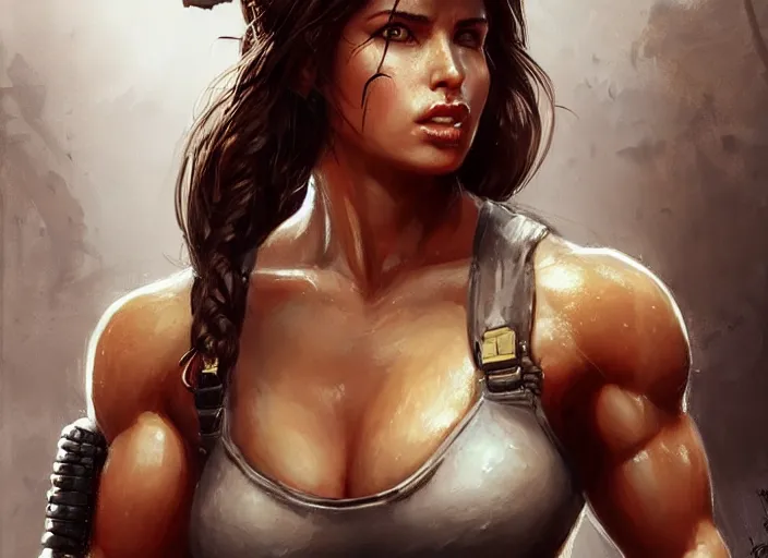 Image similar to portrait of lara croft as a beautiful female bodybuilder amazon with plump lips, elegant, fantasy, hd shot, digital portrait, beautiful, artstation, comic style, by artgerm, guy denning, jakub rozalski, magali villeneuve and charlie bowater