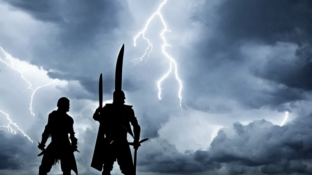 Image similar to low angle two warriors holding swords standing looking up at a villain silhouette thunder lighting storm heavy rain dark clouds