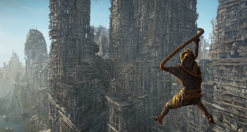 Image similar to an epic fantasy comic book style landscape painting of a hooded thief using a rope to climb a tall building with a fantasy city, unreal 5, daz, hyperrealistic, octane render, dynamic lighting