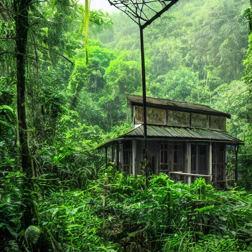 Image similar to An old Gast station in a dense jungle