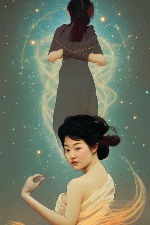 Image similar to edge of the universe, asian girl, space, stars, starship, digital art, smooth defined outlines, vector background, by brom, trending on artstation, alphonse mucha, tom bagshaw, sargent