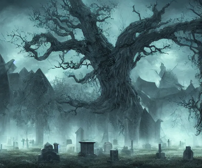 Image similar to a city of tombs and tombstones, graveyard landscape, inhabited by flying spirits, ghostly spirits, giant grave structures, giant tomb structures, dark fantasy, digital art, fantasy art