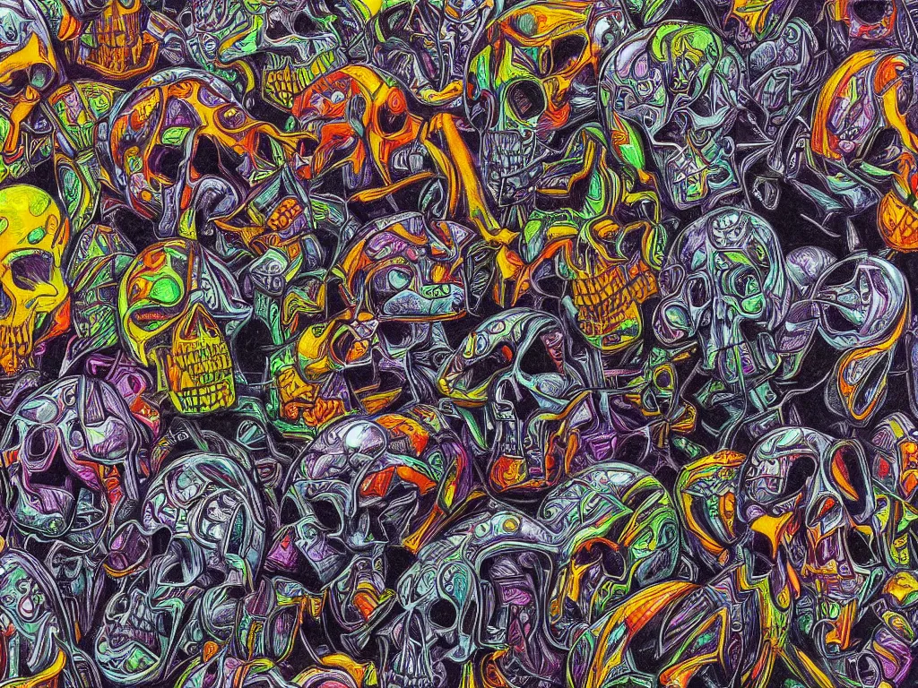 Image similar to technopathic skulls, high detail, highly abstract, vivid colors, a little bit touch of M. C. Escher