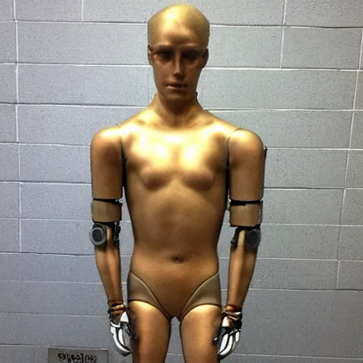 Image similar to “a realistic detailed photo of a guy who is an attractive humanoid who is half robot and half humanoid, who is a male android, American freestyle and folkstyle wrestler from Oklahoma Daton Fix, shiny skin, posing like a statue, blank stare, at college, on display”