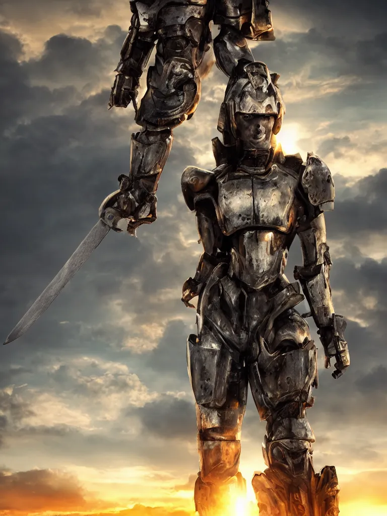 Image similar to emily blunt in futuristic power armor, close up portrait, solitary figure standing atop a pile of rubble, holding a sword on her shoulder, sunset and big clouds behind her