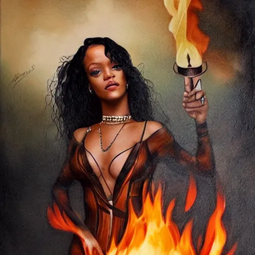 Image similar to a portrait of rihanna wearing a latex bodysuit standing in front of a burning down house. she's holding a flaming torch. exquisite details. photorealistic.