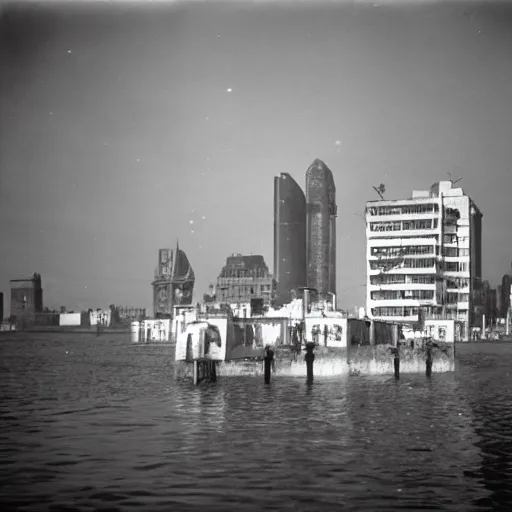 Image similar to a 1940s photograph of a city underwater