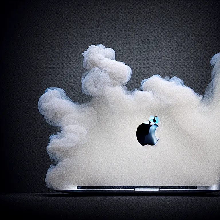 Image similar to a portrait of a macbook disintegration in dust and smoke, cinematic photography, smoke rising like clouds, beautifully symmetrical, super resolution, cgi, volumetric lighting & shadows, hyper detailed, 8 k, unreal engine,