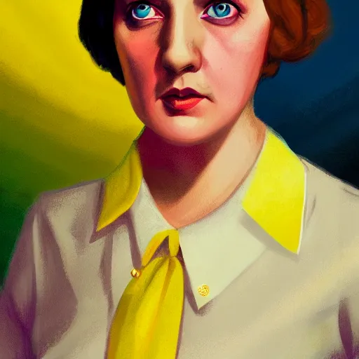 Prompt: colorful and festive cute female adolf hitler with tan skin, clear sharp todd solondz face, wearing yellow floral blouse. full body, rich vivid pastel colors, ambient lighting, dynamic lighting, 4 k, atmospheric lighting, painted, intricate, highly detailed by charlie bowater