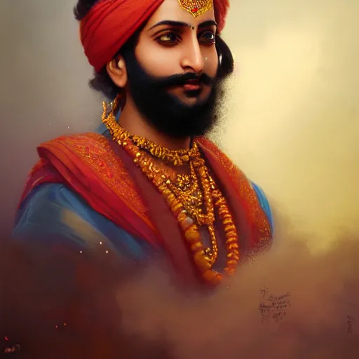 Prompt: a beautiful fine art painting of a portrait of shivaji maharaj by tom bagshaw, greg rutkowski and artgerm, perfection!, milk bath photography, studio lighting, 35mm lens, very detailed, deep depth of field, side profile, artstation, 8K, highly coherent