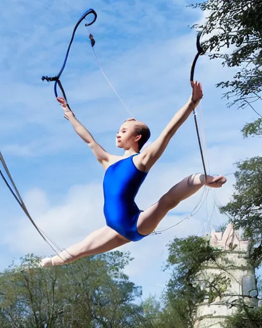 Image similar to beautiful female in aerial lyra performance, acrobat, intricate detail, electric - blue castle in the background