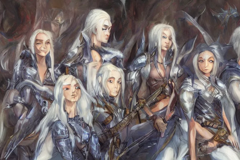 Image similar to dungeons and dragons fantasy painting of elven soldiers, white hair, determined expressions, anime inspired