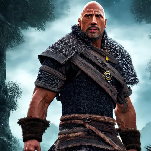 Image similar to a digital art portrait of dwayne johnson as ancient druid mage, dark souls witcher character sheet, 4 k, ultra detail, volumetric lighting, unreal engine, octane render