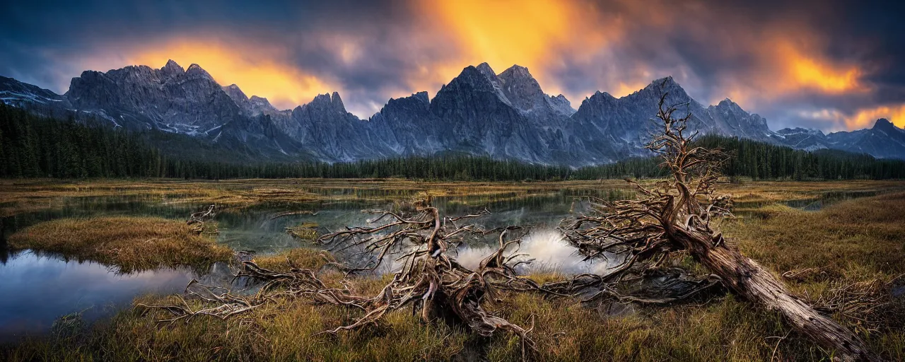 Image similar to landscape photography by marc adamus, dead tree in the foreground, mountains, lake