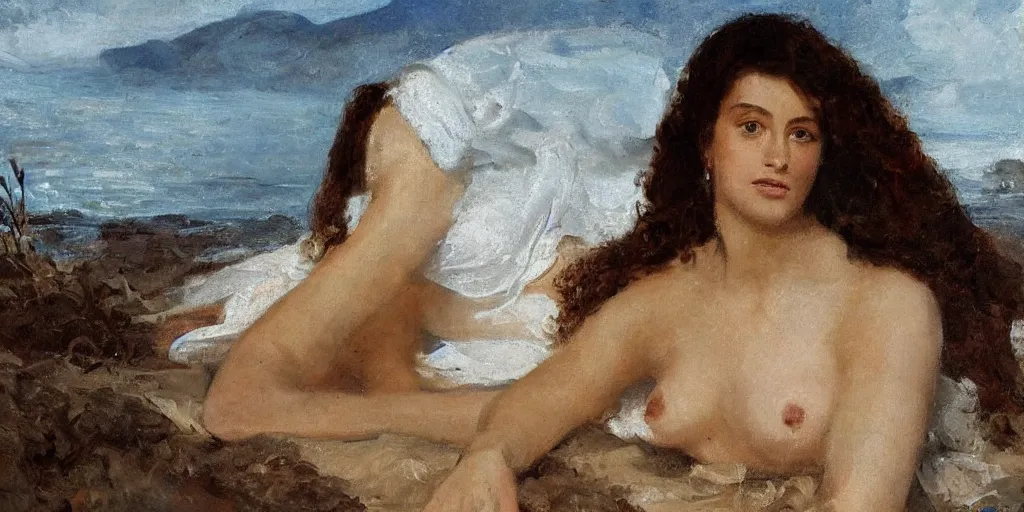 Prompt: portrait of French female model Myrtille Revemont on the beach in Moorea, ((on a breezy afternoon)), at the sunset, very detailed, smooth, art by William Buguereau