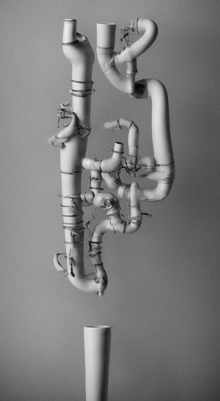 Prompt: a wind instrument with ceramic pipes shaped like a human larynx, in the style of a medical diagram, 90’s photography , 8k,