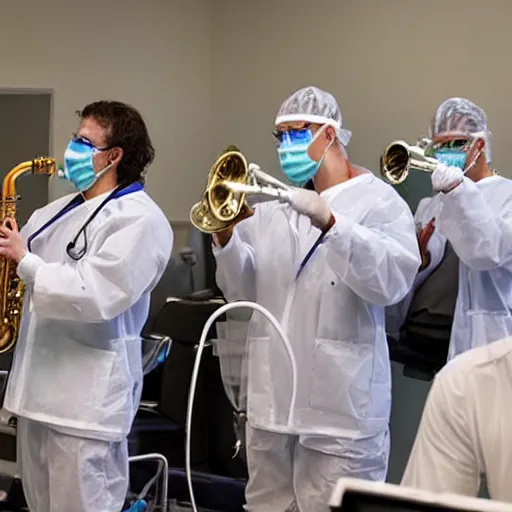 Image similar to doctors playing saxophone made out of clear tubing, syringes, urine collection bag, iv pole, fluid bag, nebulizer equipment, bag - valve mask, intubation equipment, speculum, defibrillator, coban, flexiseal, picc dressing. capacity crowd at concert in surgical theater.