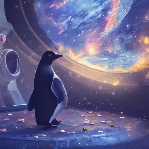 Image similar to magical penguin in a space station looking at the earth , realistic cinematic, volumetric lighting, centered, symmetrical, sharp focus, digital painting, mystical art, smooth, trending on Artstation, 4k