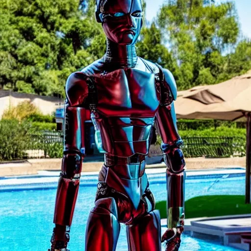 Image similar to a realistic detailed photo of a guy who is an attractive humanoid who is half robot and half humanoid, who is a male android, wrestler finn balor, shiny skin, posing like a statue, blank stare, by the pool, on display, showing off his muscles, humanoid robot, frozen ice statue