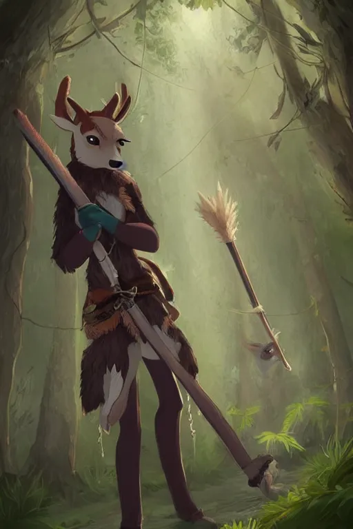 Prompt: an anthropomorphic medieval deer assassin with a fluffy tail in the forest, trending on artstation, trending on furaffinity, digital art, by kawacy, anime, furry art, warm light, backlighting, cartoon, concept art