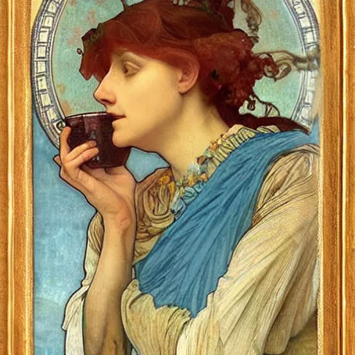Prompt: a beautiful arrogant surreal greek lady drinking tea looking disdained, rennaisance painting, by leonardo da vinci and alphonse mucha