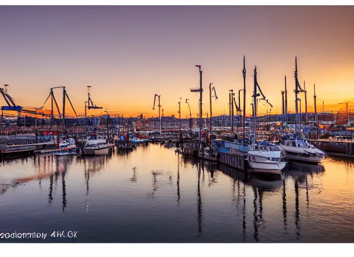 Image similar to photograph of the harbour with its cranes of gothenburg sweden, sun setting, landscape photography, award winning, canon, soft lighting, sony, nikon, 4 k, hd