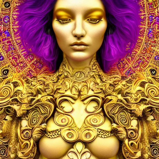 Prompt: psychadelic goddess made of golden marble, beautiful face, hyper detailed, flowing psychadelic background intricate and detailed, ornate 8 k gorgeous intricate detailed, octane render