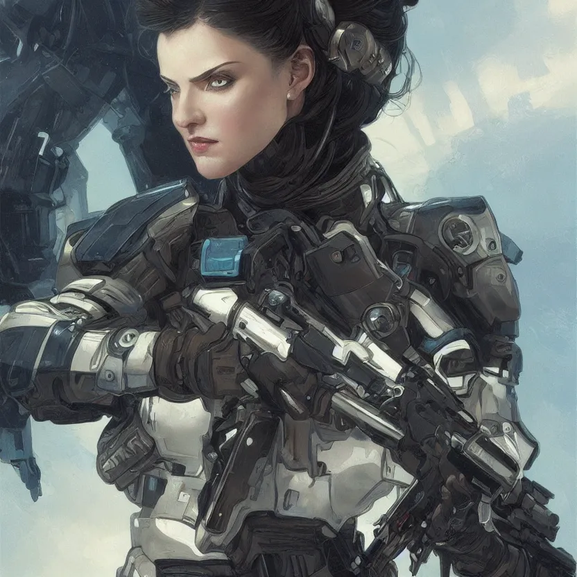 Image similar to woman dressed in scifi military uniform and armor with black hair and blue eyes, elegant, digital illustration, detailed, intricate, sharp focus, digital painting, deep focus, digital painting, artstation, concept art, matte, art by artgerm and greg rutkowski and alphonse mucha