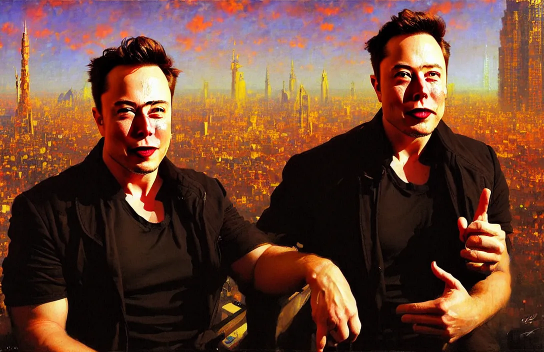 Image similar to portrait of elon musk!!!!!!!!!!!!!!!!!!!!!!!!!!!, detailed face, detailed painting, detailed city background, epic lighting, by ilya repin and phil hale