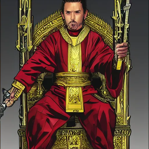 Image similar to modern self portrait of man sitting on throne, legs crossed, while holding a sword, white man, hispanic, brown hair, light skin, golden throne, red robes, 8 k, hi - rez, circles, lamented, clear, brown eyes, colored, sharp, illustrated by yoji shinkawa