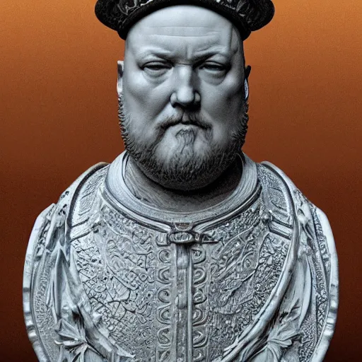Image similar to beautiful lifelike award winning marble statue bust of henry viii trending on art station artgerm greg rutkowski alphonse mucha museum quality cinematic atmospheric