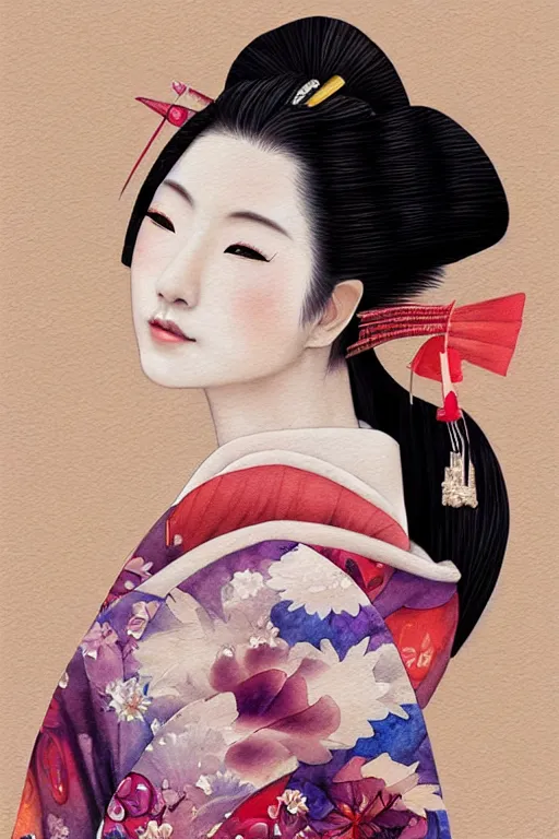 Image similar to beauty geisha, digital art, 8k, character, realistic, portrait, photorealism, japan watercolour, masterpiece art