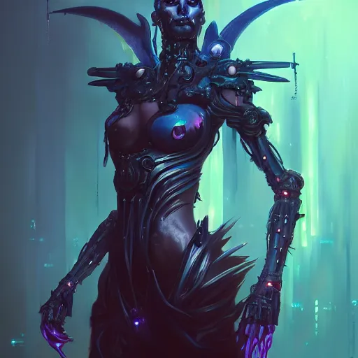 Image similar to a portrait of a beautiful demonic cybernetic queen of hell, cyberpunk concept art by pete mohrbacher and wlop and artgerm and josan gonzales, digital art, highly detailed, intricate, sci-fi, sharp focus, Trending on Artstation HQ, deviantart, unreal engine 5, 4K UHD image