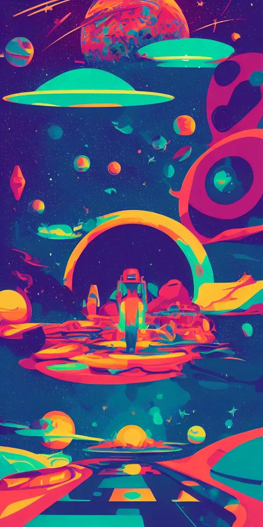 Prompt: colorful stars planets and galaxies, tom whalen, james gilleard, liam brazier, tristan eaton