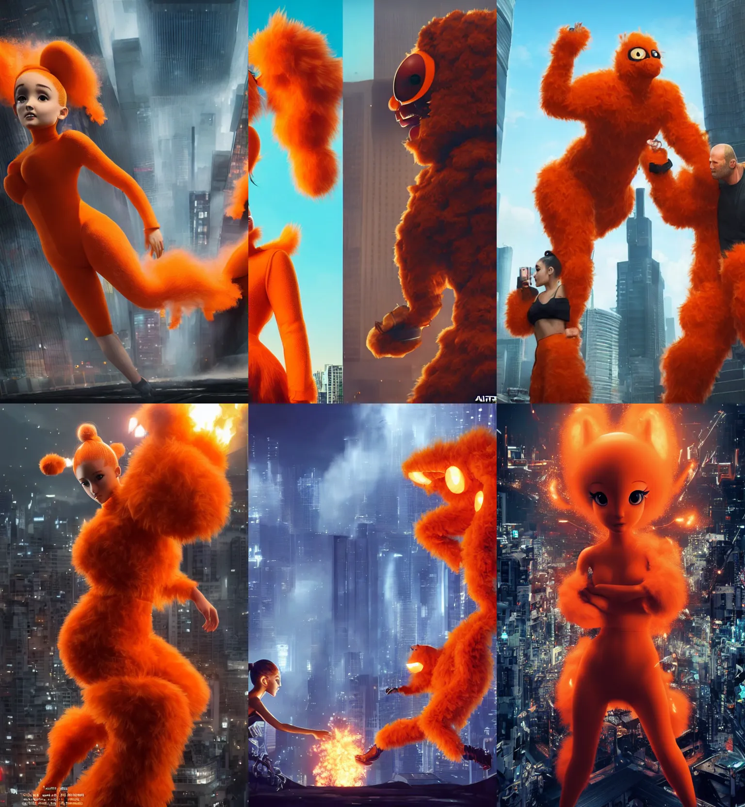 Image similar to ultrarealistic giant ariana grande wearing orange monster chicken suit vs jason statham in tokyo by yusuke murata, explosions, octane render, character concept art, movie action still frame, cinematic lighting, volumetric lighting, extreme intricate details, artstation, dnd art, cgsociety, sharp focus, ultra wide angle, digital painting by artgerm, gerald brom, wlop