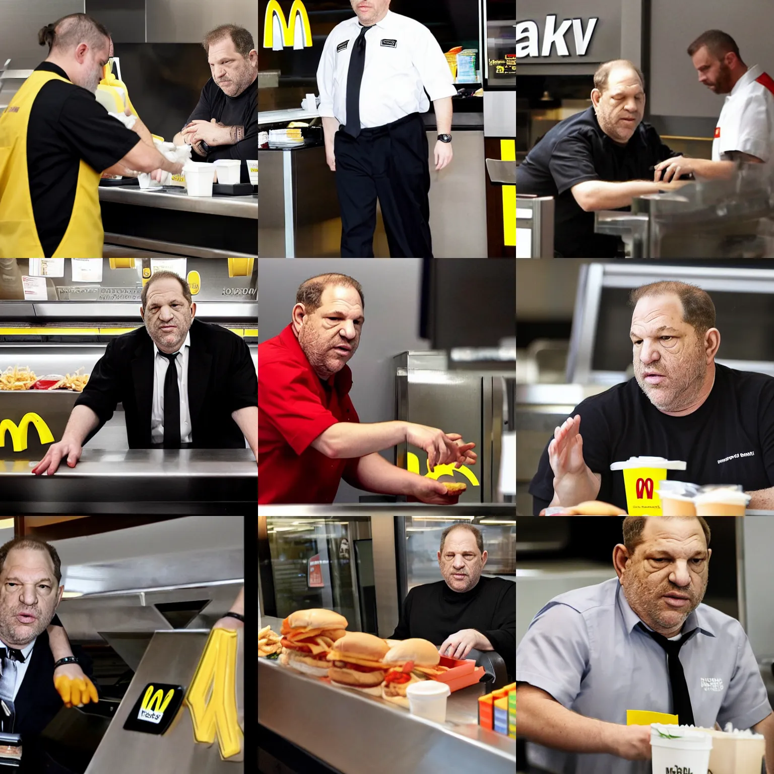 Prompt: photo of harvey weinstein working at mcdonalds as employee