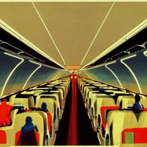 Prompt: full - color concept - art by syd mead of a the interior of an elite luxury supersonic commercial passenger airliner with beautiful flight - attendants and in - flight entertainment. retrofuturism, near - future science - fiction.