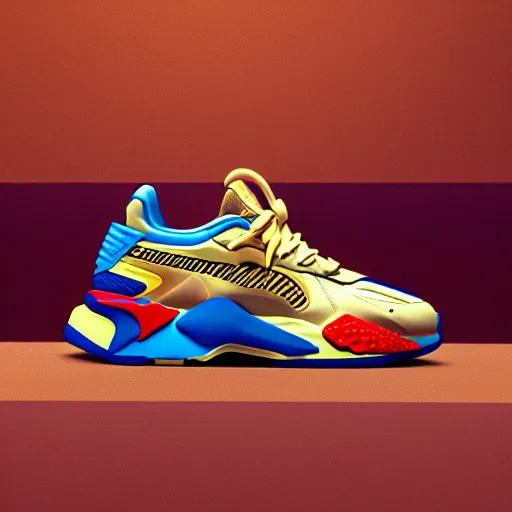 Prompt: puma rs - x sneakers, james jean style, vfx art, unreal engine render, claymation style, colourful, volumetric light, digital painting, digital illustration, dramatic light,